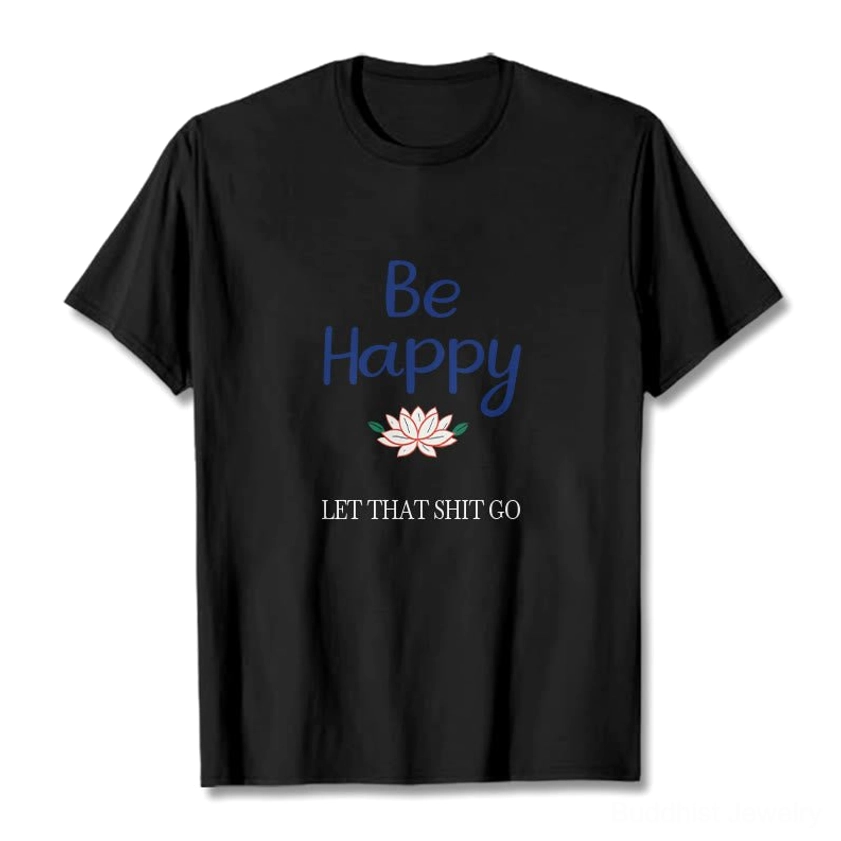 Be Happy lotus graphic tee flat lay, black cotton t-shirt with blue lotus print and inspirational text, studio front view
