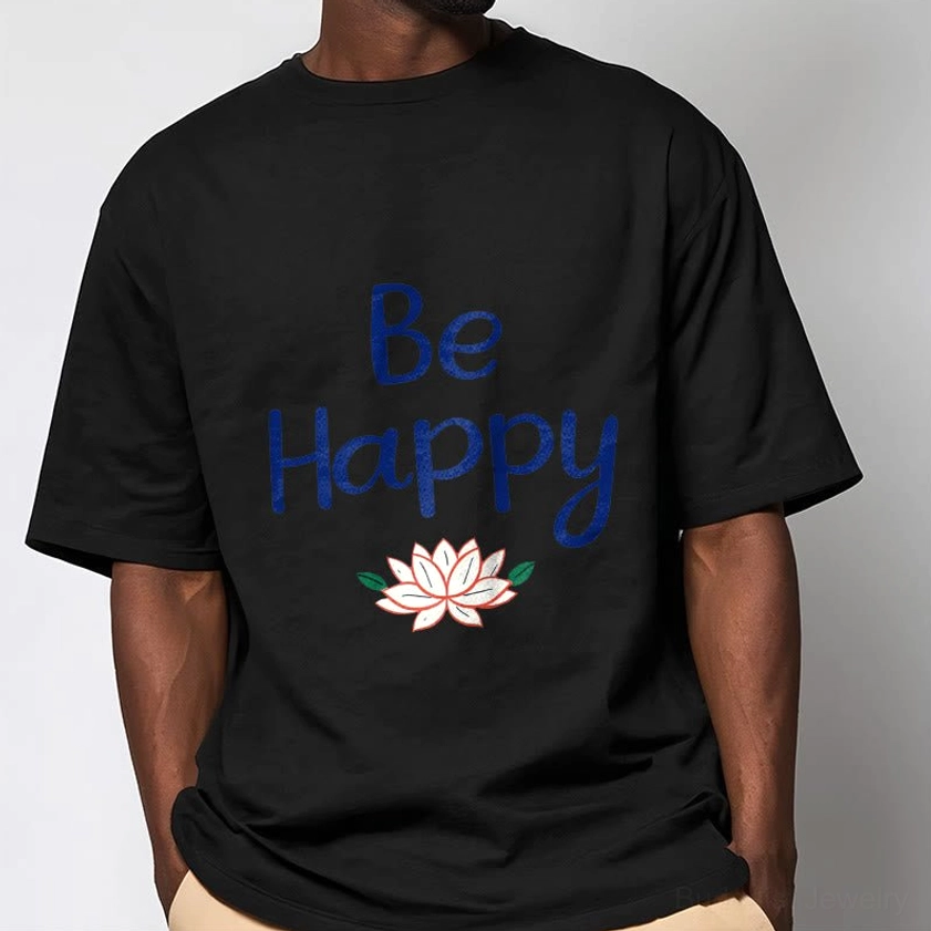 Male model wearing Be Happy lotus tee black, black cotton short sleeve t-shirt with blue lotus graphic, unisex fit