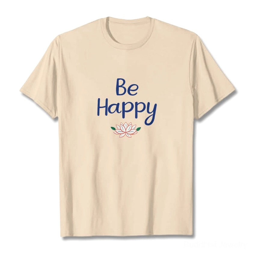 Be Happy lotus graphic tee flat lay, cream beige cotton t-shirt with blue lotus print, front perspective studio shot