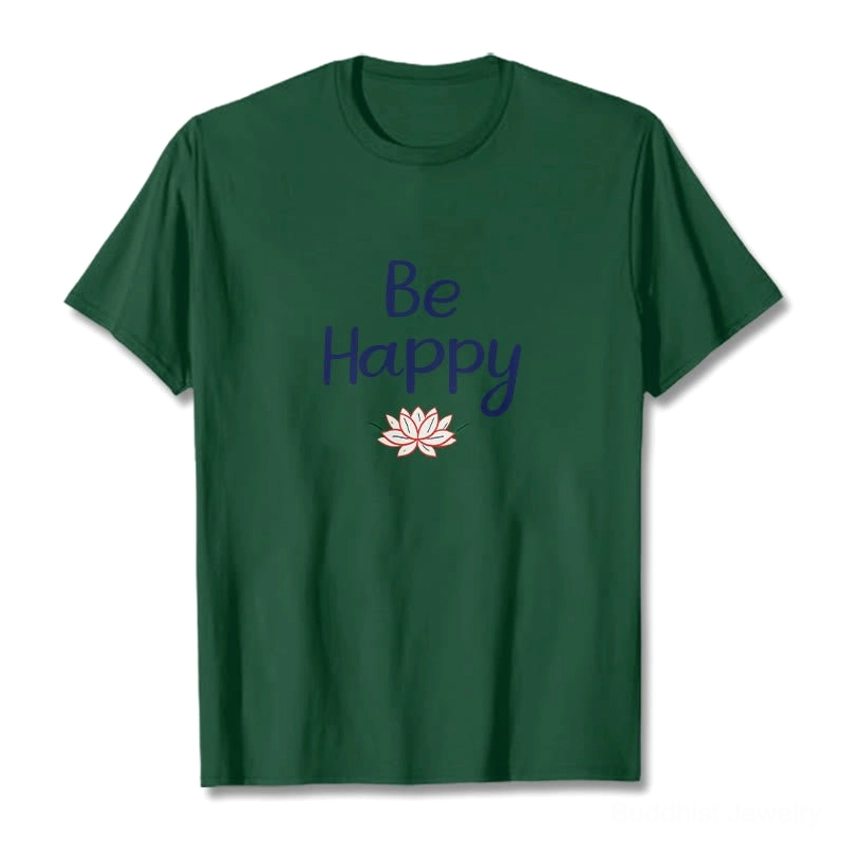 Be Happy lotus graphic tee light cyan color, light cyan cotton t-shirt with blue lotus print and positive message, flat lay