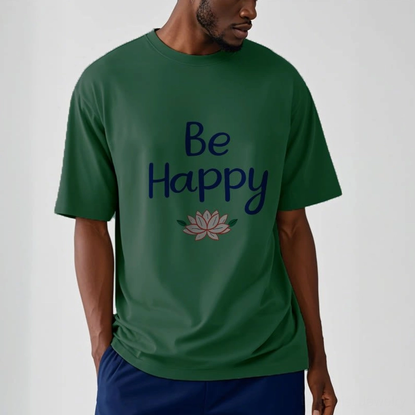 Male model wearing Be Happy lotus tee light cyan, light cyan cotton short sleeve t-shirt with lotus graphic, studio shot