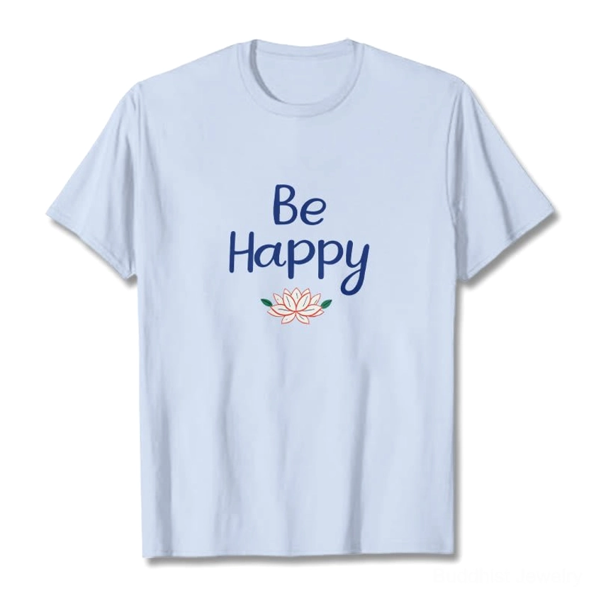 Male model wearing Be Happy lotus tee light cyan, soft cotton short sleeve t-shirt with blue lotus graphic and message