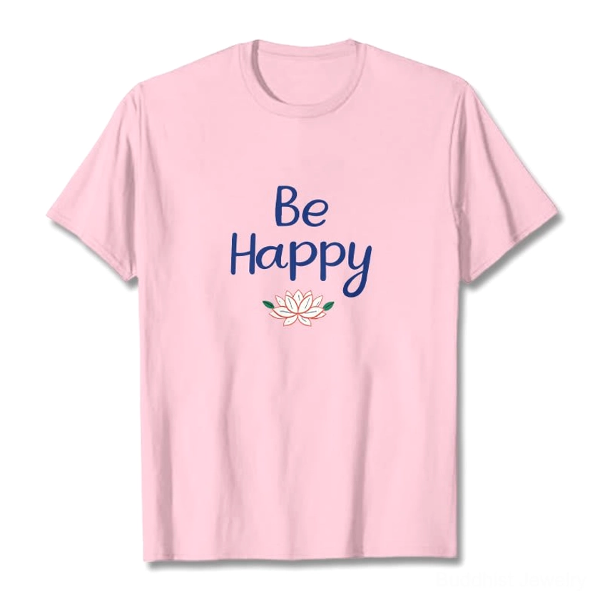 Be Happy lotus graphic tee light grey color, light grey cotton t-shirt with blue lotus print, front view flat lay