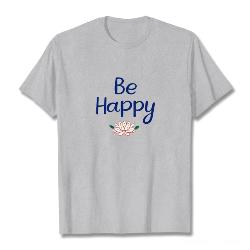 Male model wearing Be Happy lotus tee light grey, light grey cotton relaxed fit t-shirt with blue lotus print design