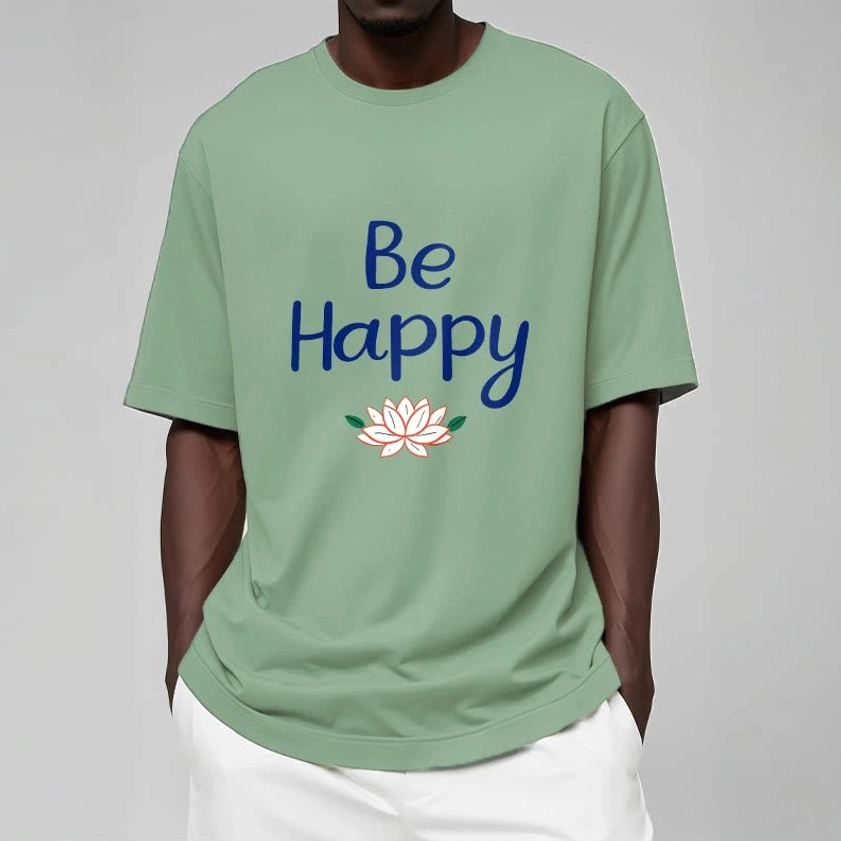 Be Happy lotus tee detail shot, close-up of white ink lotus graphic print and blue lettering on cotton fabric