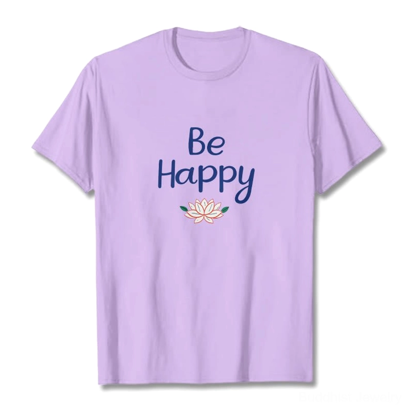 Be Happy lotus graphic tee unisex model fit, cotton t-shirt with lotus print and positive message, casual relaxed wearing