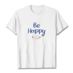 Be Happy lotus graphic tee flat lay, white cotton t-shirt with blue lotus print and uplifting message, front view
