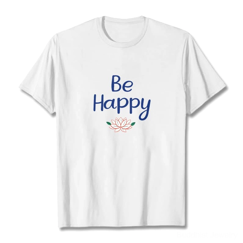 Be Happy lotus graphic tee flat lay, white cotton t-shirt with blue lotus print and uplifting message, front view