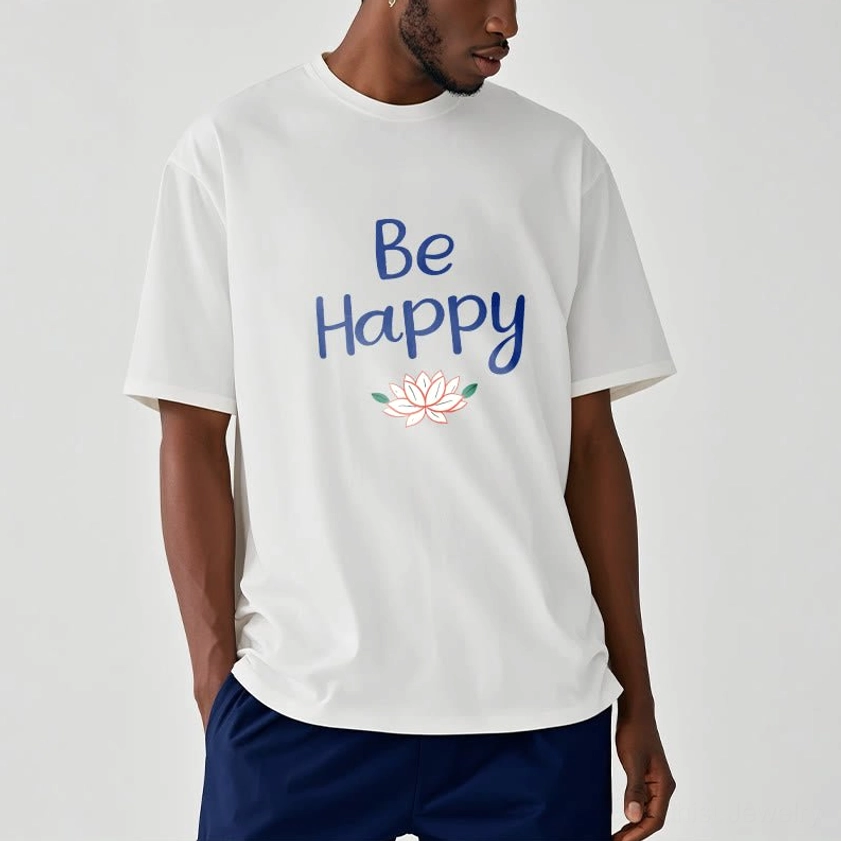 Male model wearing Be Happy lotus tee, white cotton graphic t-shirt with blue text and lotus design, relaxed fit crew neck
