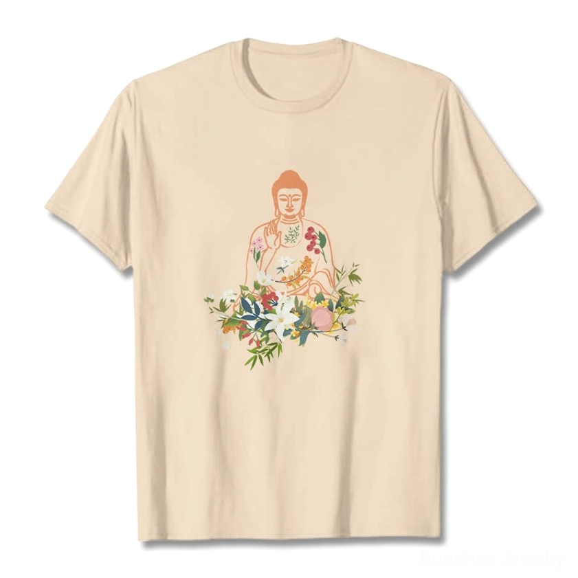 Beige cream Buddha blooming flowers t-shirt flat lay front view studio - neutral spiritual design