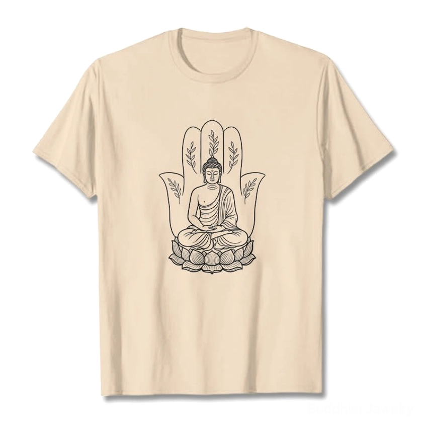 Beige tan Buddha lotus hand spiritual cotton t-shirt flat lay front design