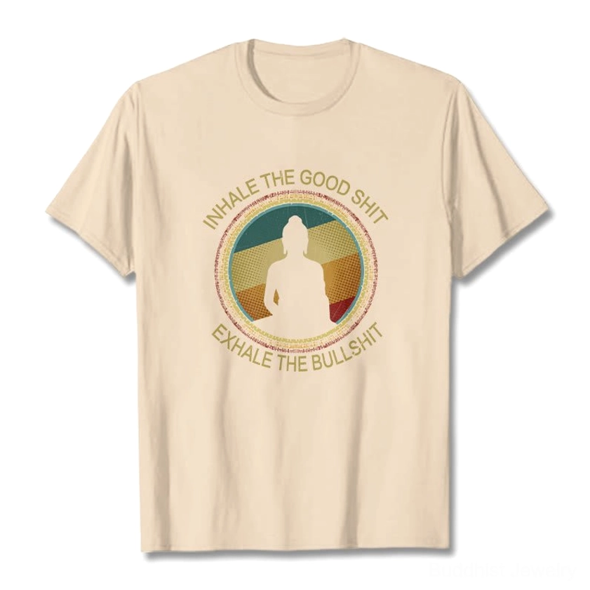 Light beige Buddhist meditation t-shirt front flat lay with retro slogan print on pure background
