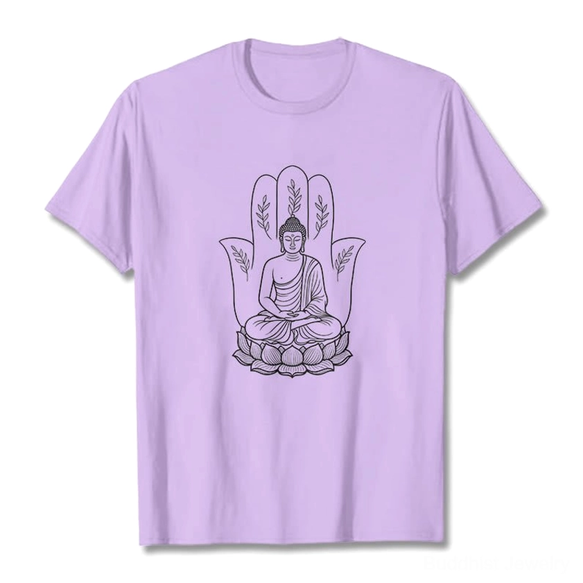 Woman wearing beige Buddha lotus spiritual t-shirt street casual styling