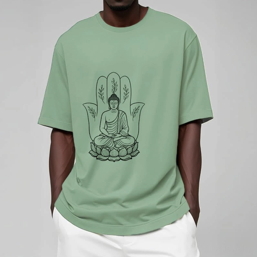Beige tan Buddha lotus spiritual t-shirt male model casual wear styling