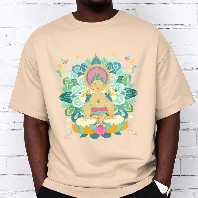 Male model wearing beige Buddhist graphic t-shirt with lotus print white brick wall background