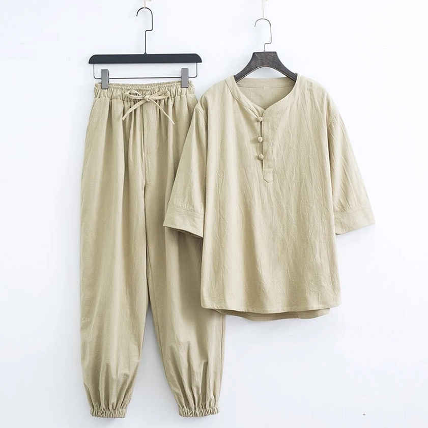 Complete beige meditation wear ensemble demonstrating loose fit ideal for yoga and spiritual practice