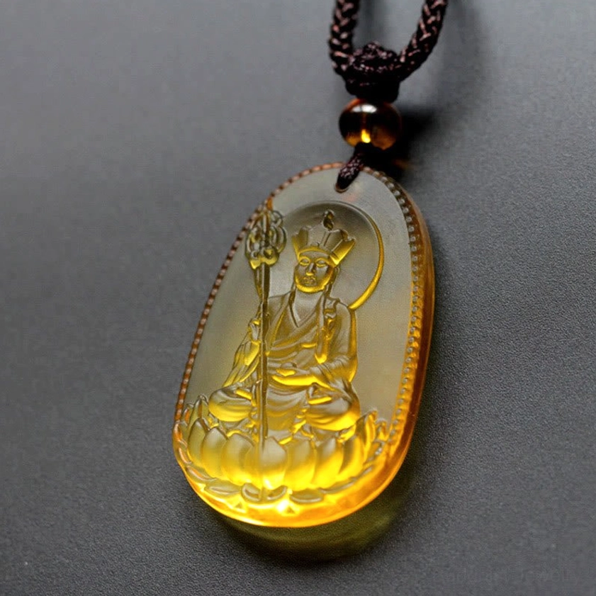 Beige Ksitigarbha Bodhisattva Liuli crystal pendant with oval shape, Buddha on lotus throne with halo