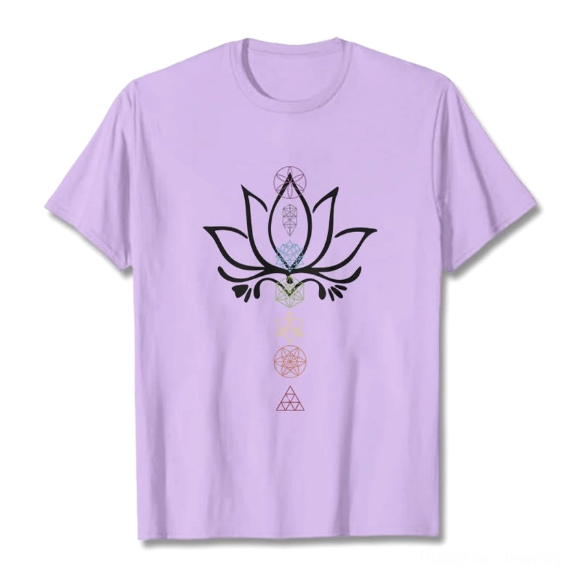Beige sacred lotus Buddhist tee worn male model casual spiritual style