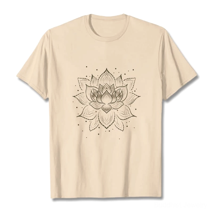 Beige lotus mandala crewneck t-shirt front flat lay, tan cotton Buddhist graphic apparel