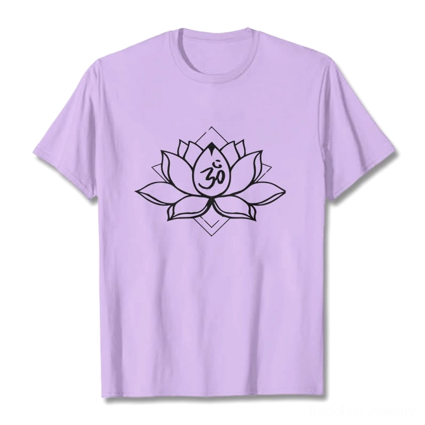 Beige Sacred Lotus Om Buddhist T-Shirt back view showing print quality and fabric texture premium cotton