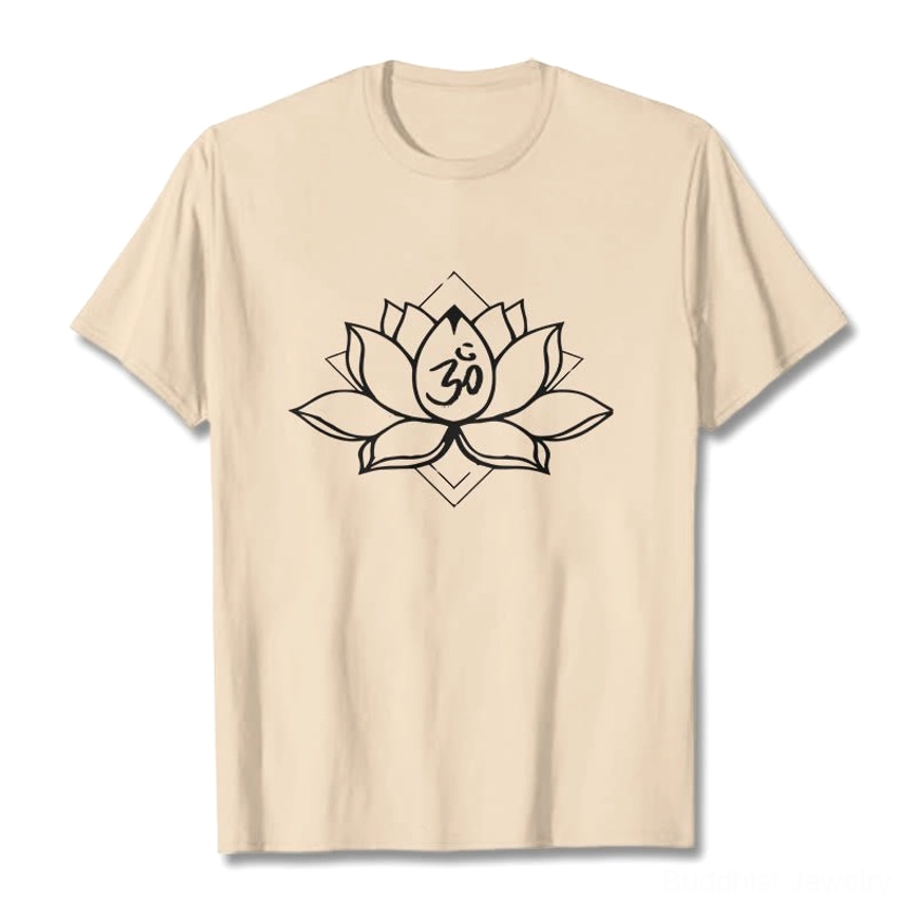 Beige tan Sacred Lotus Om Buddhist T-Shirt flat lay front view with black ink spiritual print design
