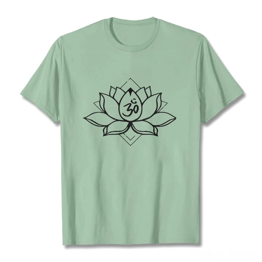 Beige tan Lotus Om Buddhist cotton t-shirt model wearing showing comfortable relaxed fit design