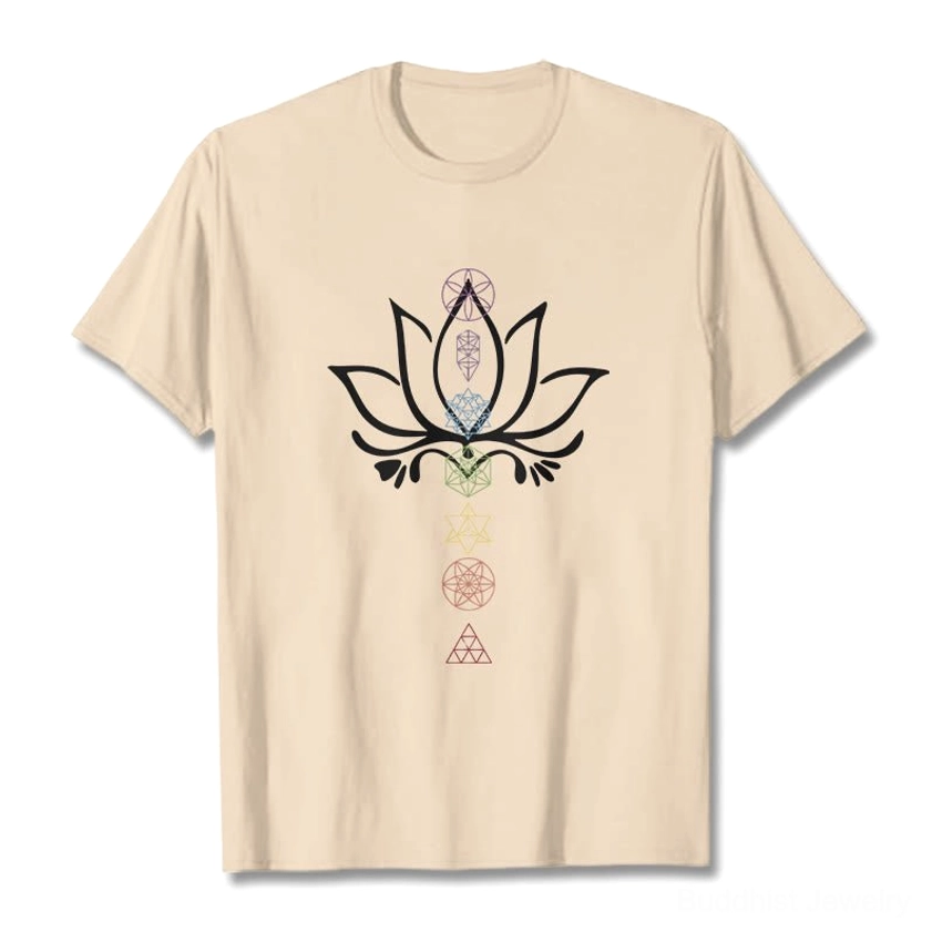 Beige sacred lotus geometry Buddhist t-shirt flat lay front white background