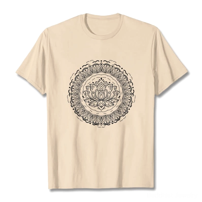 Beige mandala lotus flower t-shirt flat lay with black and white geometric print