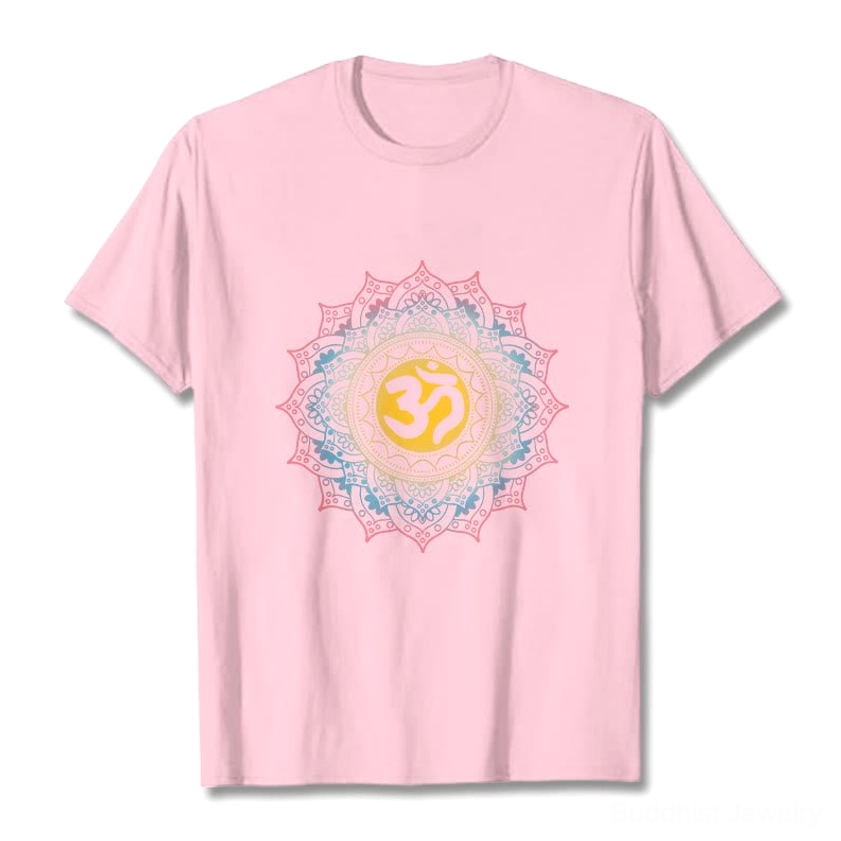 Beige mandala OM Buddhist tee detail view, intricate sacred geometry graphic design