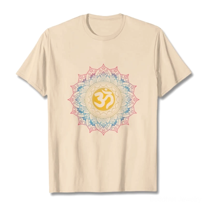 Beige OM mandala Buddhist spiritual graphic tee flat lay, warm neutral base crew neck design
