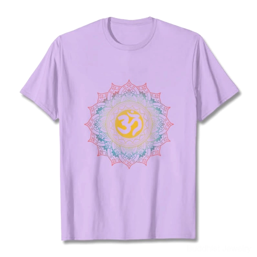 Beige mandala OM Buddhist t-shirt flat lay front, warm neutral spiritual graphic wear