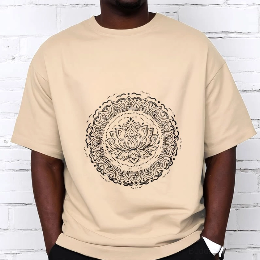 Man modeling beige mandala lotus cotton t-shirt front casual studio shot