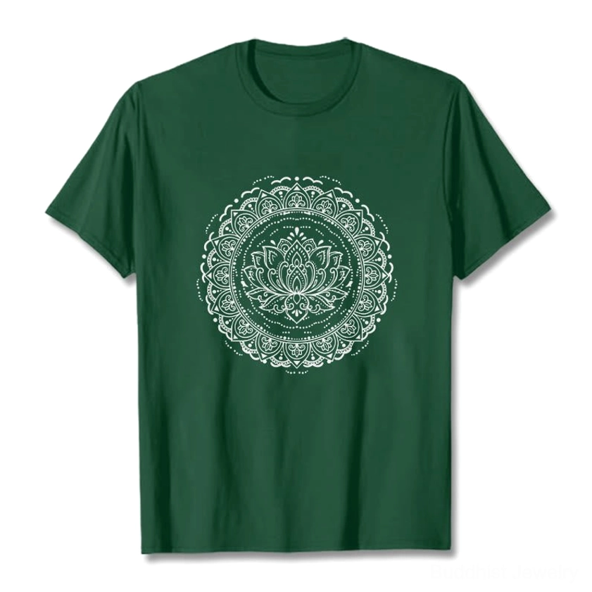 Woman styling beige mandala lotus t-shirt casual everyday outfit