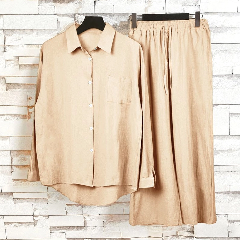 Beige tan meditation cotton clothing two-piece set lifestyle display