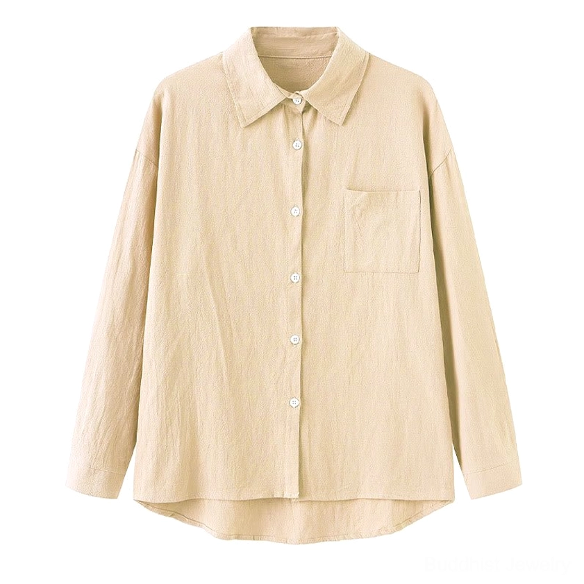 Beige cotton meditation shirt long-sleeve with collar and chest pocket