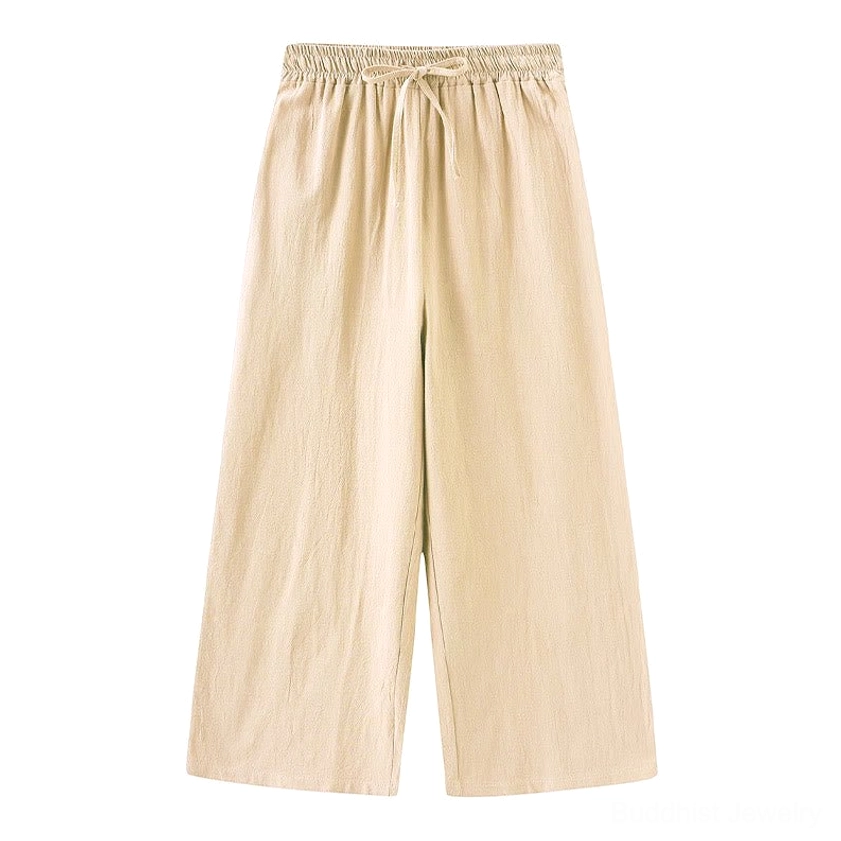 Beige drawstring meditation pants wide-leg fit full length view