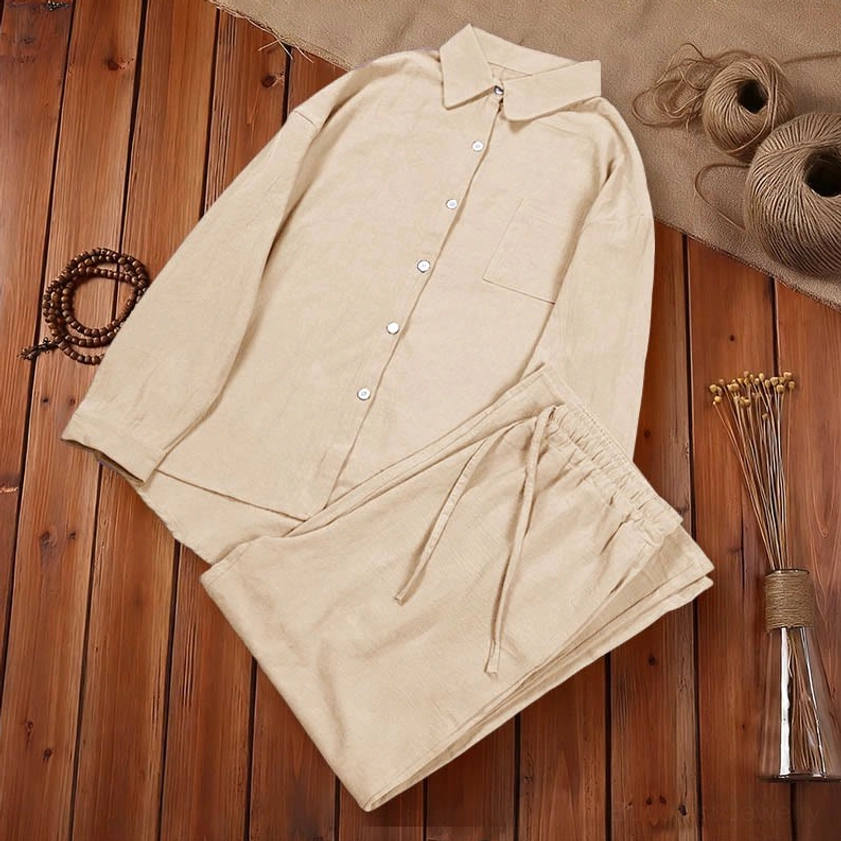Beige tan meditation clothing set front display on neutral background