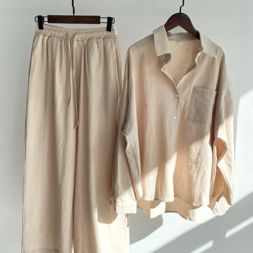 Beige tan women's meditation cotton loungewear two-piece set hanging display