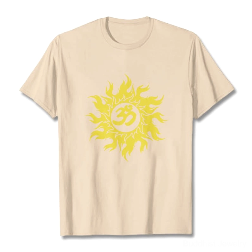 Beige cream Buddhist t-shirt with Om sun print flat lay, crew neck neutral tone with golden graphic detail