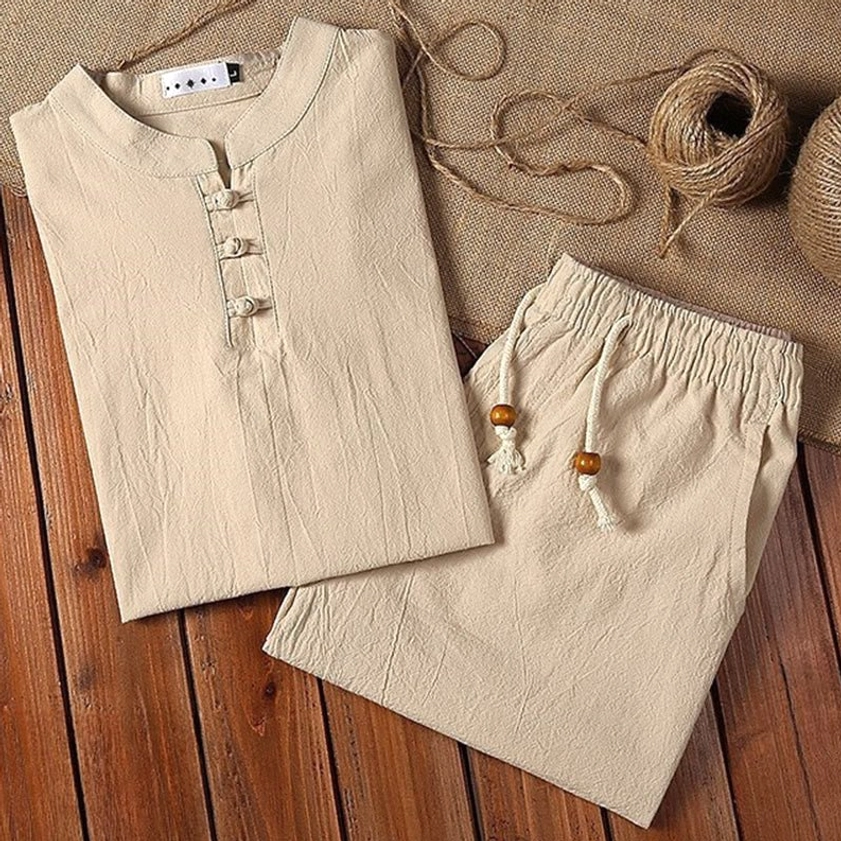 Beige Tang suit flat lay overhead view with elastic drawstring waist and linen texture