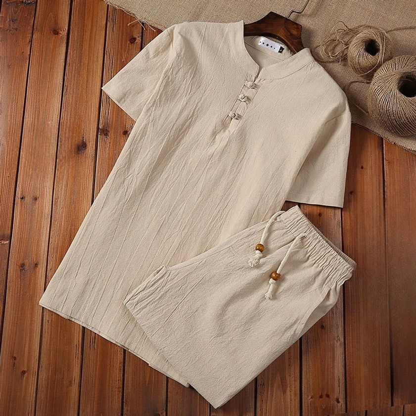 Beige cotton linen Tang suit two-piece with frog buttons and wooden bead drawstring