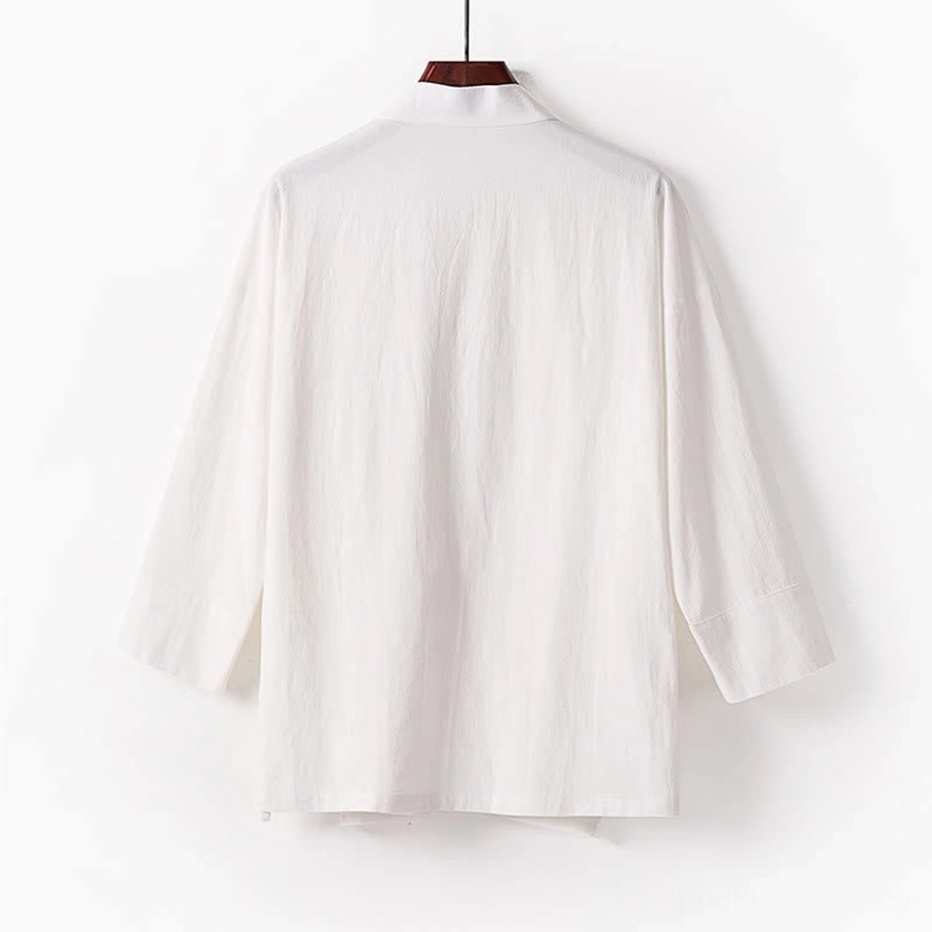 Beige V-neck wrap meditation kimono top with adjustable tie and side pocket