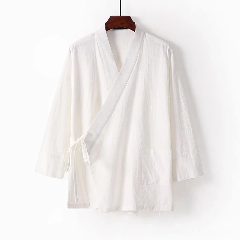 Beige wide-leg meditation pants with tie waist ankle-length front view