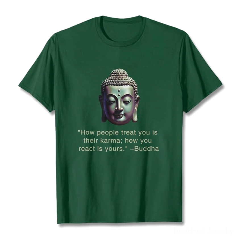 Bisque cream Buddha karma quote t-shirt flat lay front view with Buddha head and slogan print