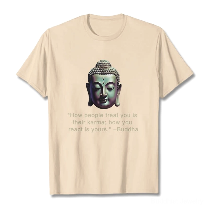 Bisque Buddha karma quote t-shirt model wearing demonstrating comfortable casual fit