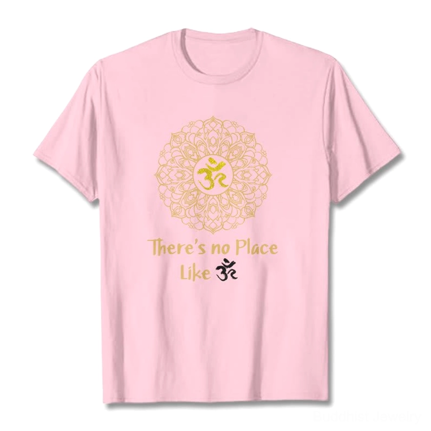 Bisque color Buddhist mandala Om t-shirt with gold sacred symbol print, flat lay front view clean background