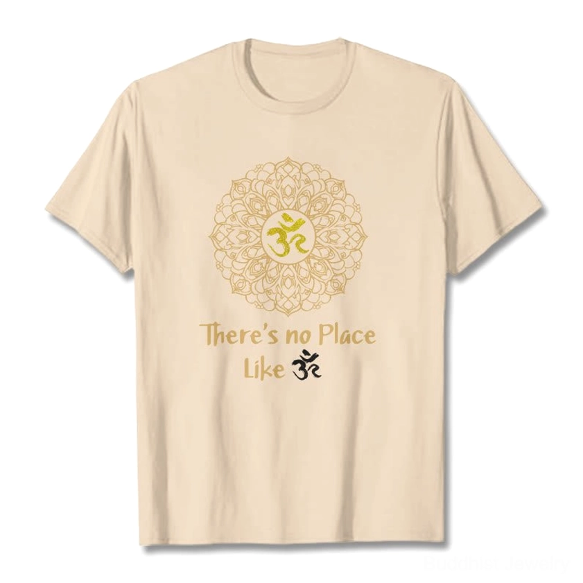 Bisque Buddhist mandala Om graphic tee back view displaying gold sacred design and fabric quality detail