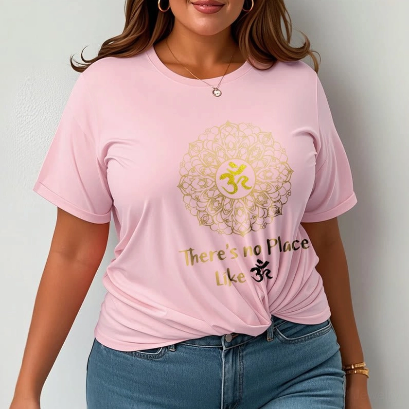 Bisque mandala Om graphic tee worn by model, casual relaxed fit detail shot studio background