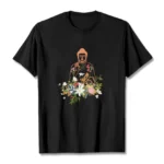 Black Buddha floral graphic t-shirt flat lay front view on white background - meditation and spiritual growth design