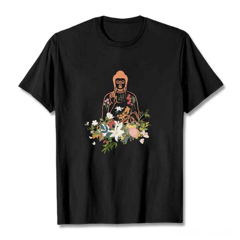 Black Buddha floral graphic t-shirt flat lay front view on white background - meditation and spiritual growth design